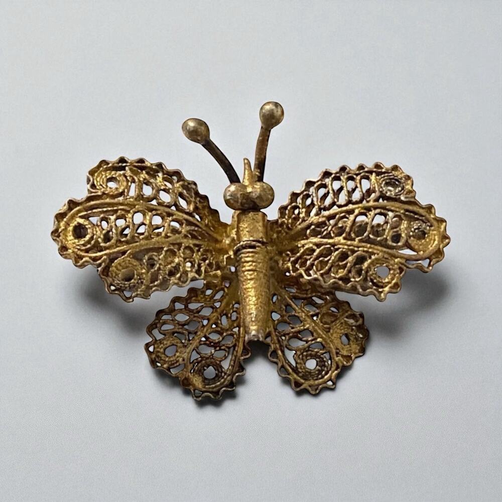 Vintage Gold Filigree Butterfly Wing Brooch Pin 800 Silver 3/4 Inch